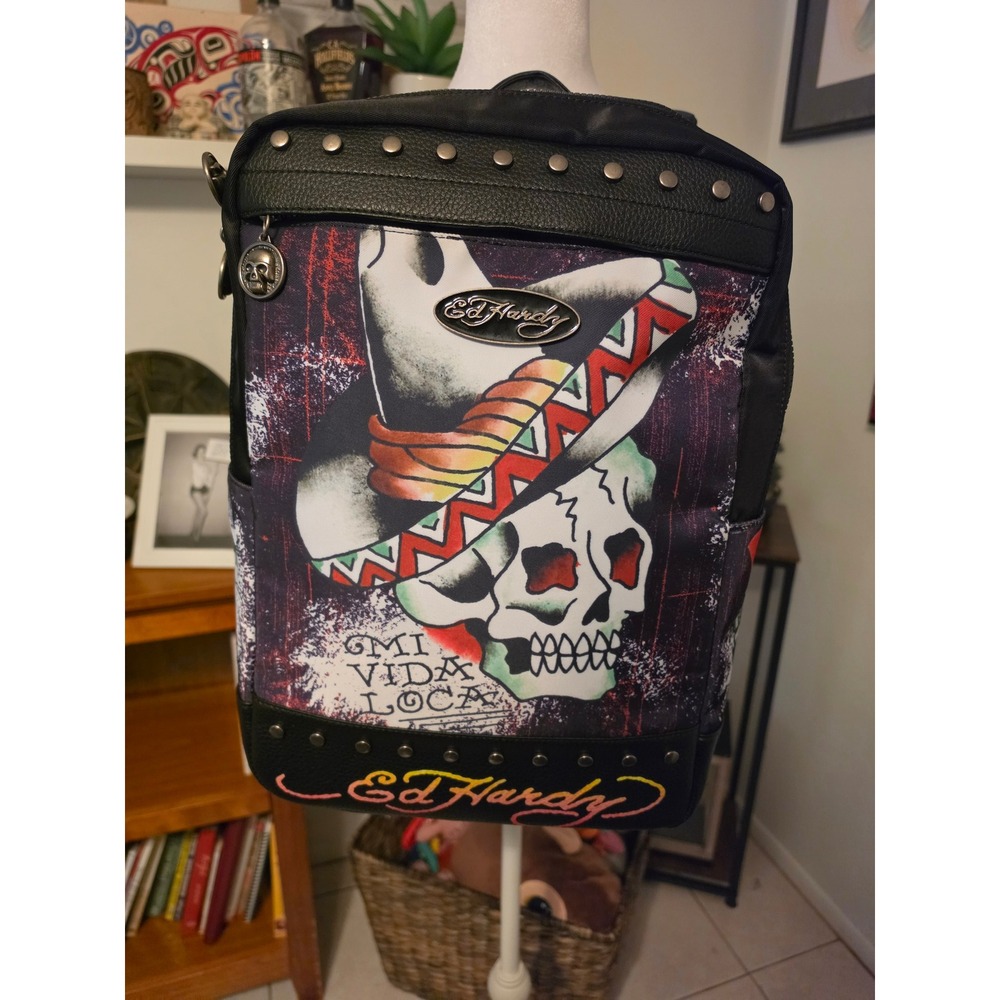 New Ed Hardy Mi Vida Loca Skull Tattoo‎ Backpack Studded Vegan Leather Black Bag